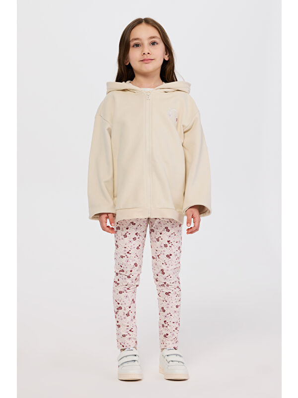 Panço Kız Çocuk Fermuarlı Kalp Detaylı Bej Sweatshirt