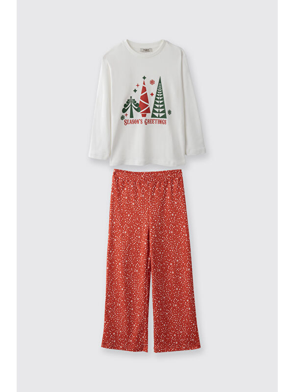 Panço Kız Çocuk Yeni Yıl Temalı Desenli Kırmızı Pijama Takımı