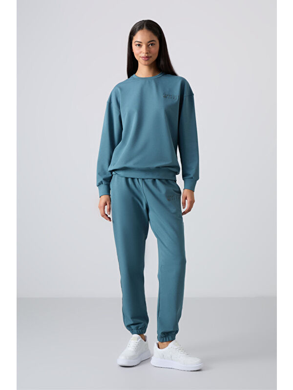 Tommylife Orman Yeşili Basic Pamuklu O Yaka Oversize Lastik Paça Kadın Eşofman Takım - 95287