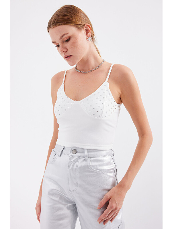 Bigdart 918 İp Askılı Crop Top - Beyaz