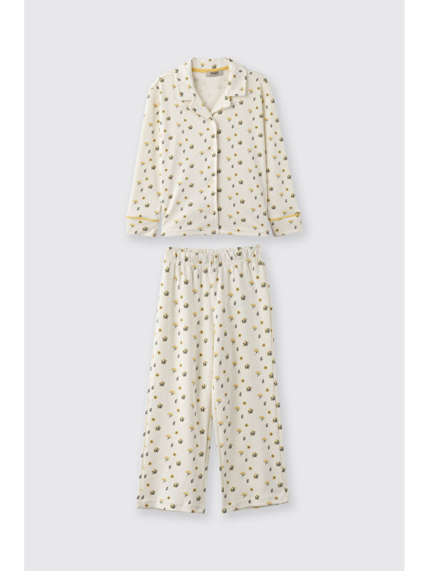 Panço Kız Çocuk Çiçek Desenli Ekru Pijama Takımı