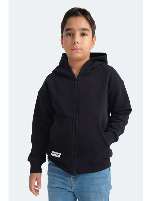 SLAZENGER LEKAN Unisex Çocuk Fermuarlı Kapüşonlu Cepli Lacivert Sweatshirt