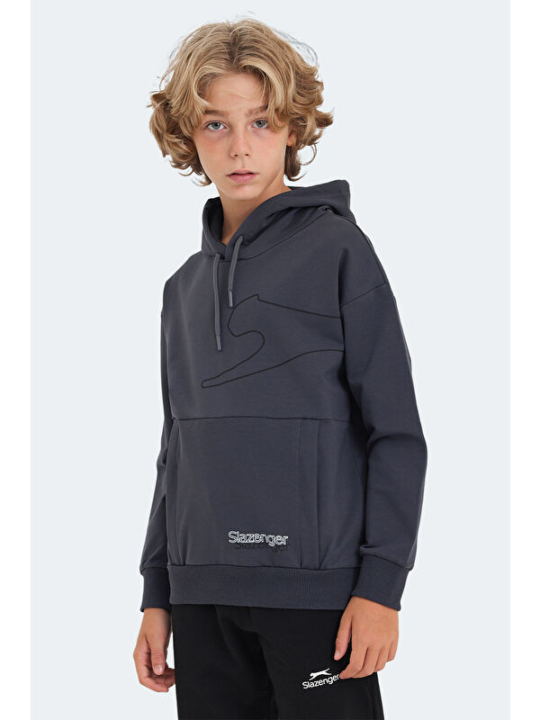 SLAZENGER LINK Unisex Çocuk Kapüşonlu Cepli Koyu Gri Sweatshirt