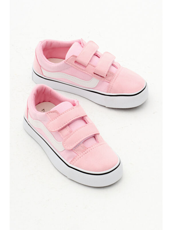 Çocuk Unisex Pembe Kauçuk Taban Keten Cırtlı Spor Ayakkabı - Görsel 4
