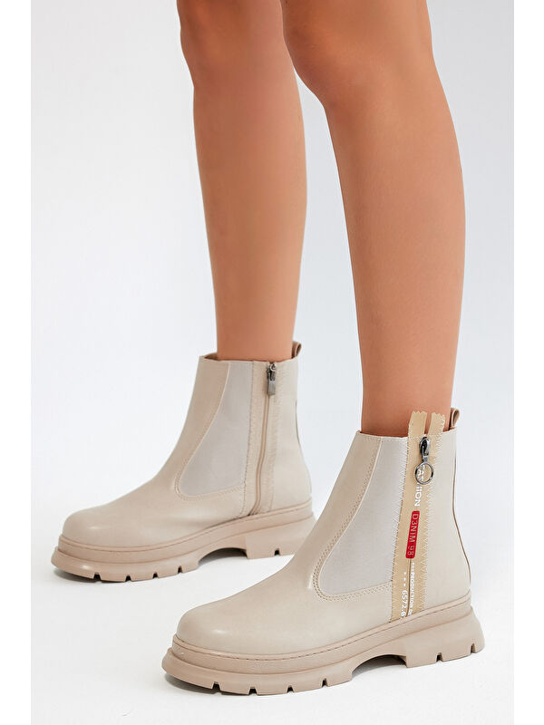 Kadın Ten Cilt Kalın Termo Taban Çift Fermuarlı Lastikli Bot - Görsel 4