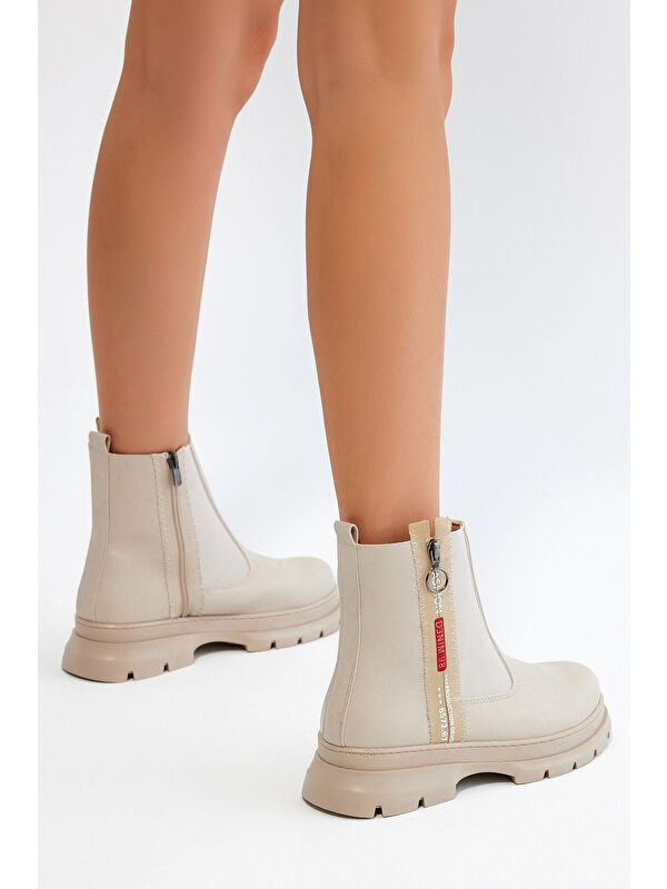 Kadın Ten Cilt Kalın Termo Taban Çift Fermuarlı Lastikli Bot - Görsel 5