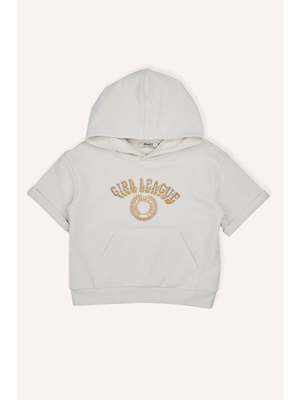 Panço Kız Çocuk Kapüşonlu Kısa Kollu Ön Bedeni Simli Nakışlı Cepli Bej Sweatshirt