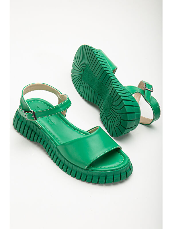 Kadın Yeşil Kalın Poli Taban Bilekten Bağlamalı Tek Bantlı Sandalet - Görsel 5