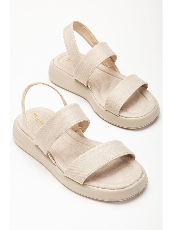 Kadın Vizon Keten Rahat Kalıp Poli Taban Çift Bantlı Sandalet - Görsel 5