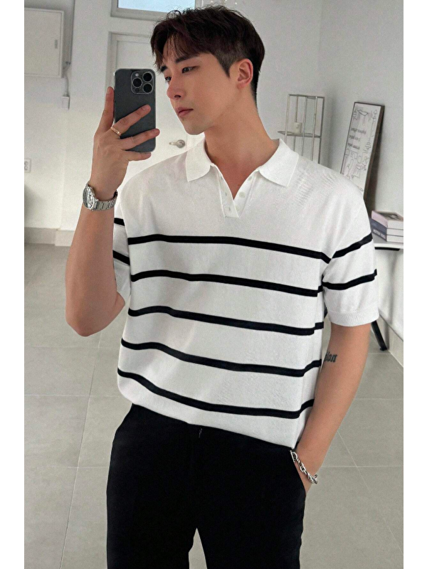 Tarz Cool Erkek Düğmeli Polo Yaka Çizgi Detaylı Slim Fit Triko Tişört