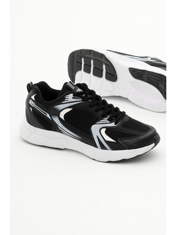 Unisex Siyah Rahat Kalıp Faylon Taban Bağcıklı Spor Ayakkabı - Görsel 5