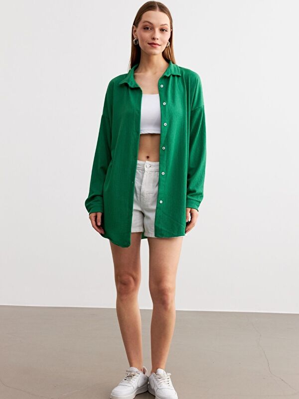Trendseninle Kadın Yeşil Oversize Uzun Gömlek