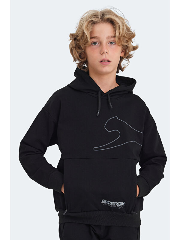SLAZENGER LINK Unisex Çocuk Kapüşonlu Cepli Siyah Sweatshirt