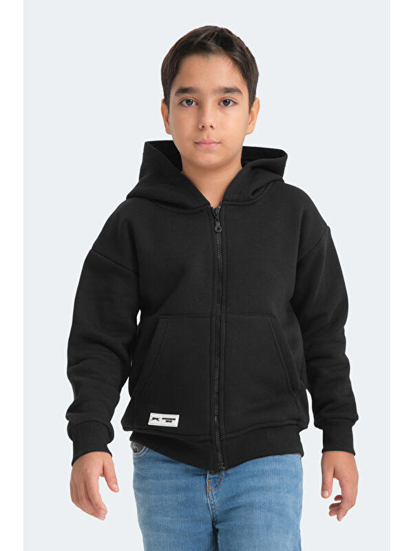SLAZENGER LEKAN Unisex Çocuk Fermuarlı Kapüşonlu Cepli Siyah Sweatshirt