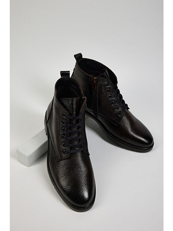 Erkek Kahve Rahat Kalıp Hakiki Deri Bağcıklı ve Fermuarlı Bot - Görsel 2