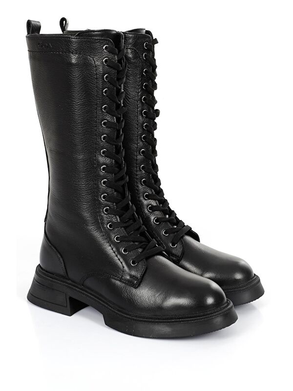 Hakiki Deri Yuvarlak Burunlu Bağcıklı Fermuarlı Kadın Çizme 46511 - Görsel 3