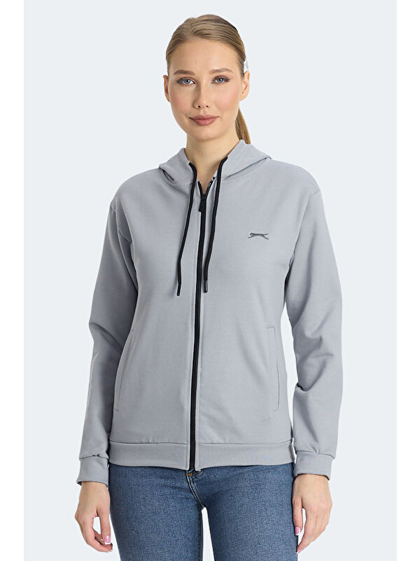 SLAZENGER KINET IN Kadın Fermuarlı Kapüşonlu Cepli Gri Sweatshırt