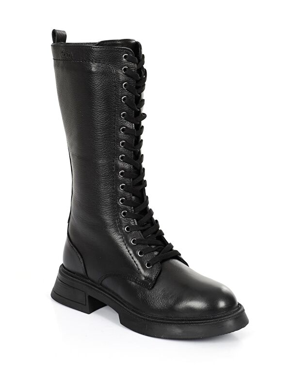 Hakiki Deri Yuvarlak Burunlu Bağcıklı Fermuarlı Kadın Çizme 46511 - Görsel 5