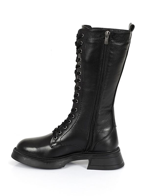 Hakiki Deri Yuvarlak Burunlu Bağcıklı Fermuarlı Kadın Çizme 46511 - Görsel 6