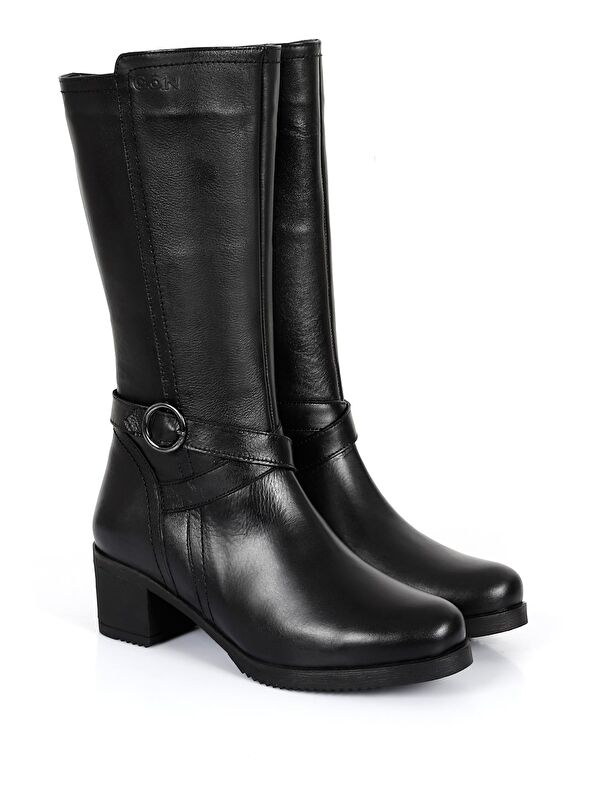 Hakiki Deri Yuvarlak Burun Kauçuk Taban Topuklu Fermuarlı Tokalı Kadın Günlük Çizme 46575 - Görsel 3