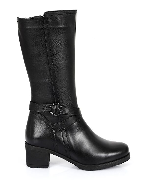 Hakiki Deri Yuvarlak Burun Kauçuk Taban Topuklu Fermuarlı Tokalı Kadın Günlük Çizme 46575 - Görsel 5