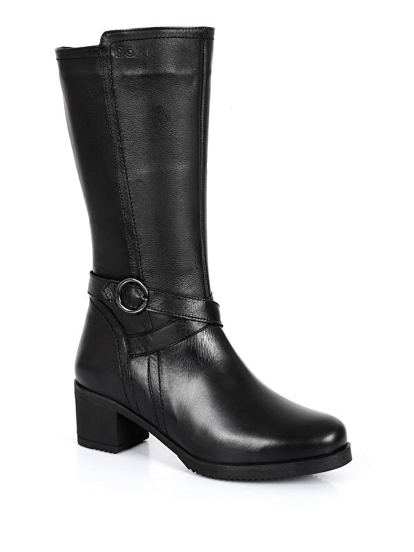 Hakiki Deri Yuvarlak Burun Kauçuk Taban Topuklu Fermuarlı Tokalı Kadın Günlük Çizme 46575 - Görsel 6