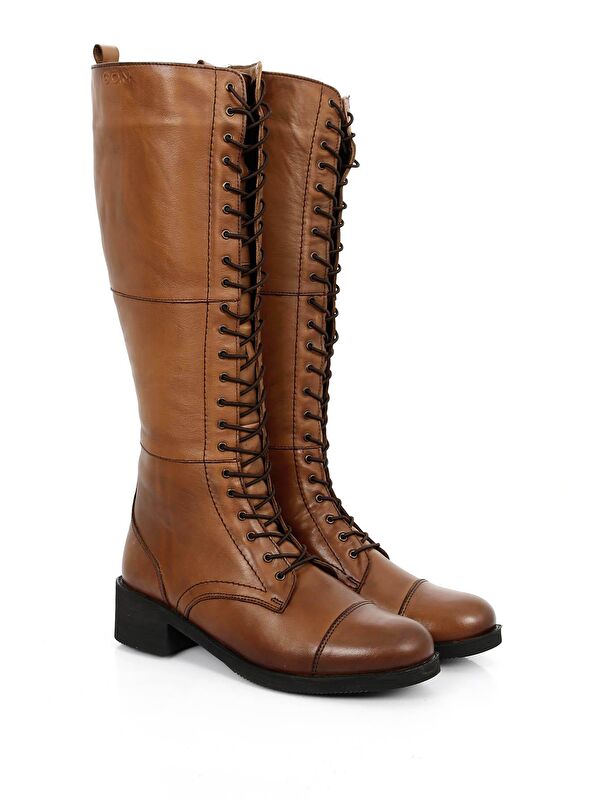 Hakiki Deri Yuvarlak Burun Kauçuk Taban Topuklu Bağcıklı Kadın Günlük Çizme 46577 - Görsel 3