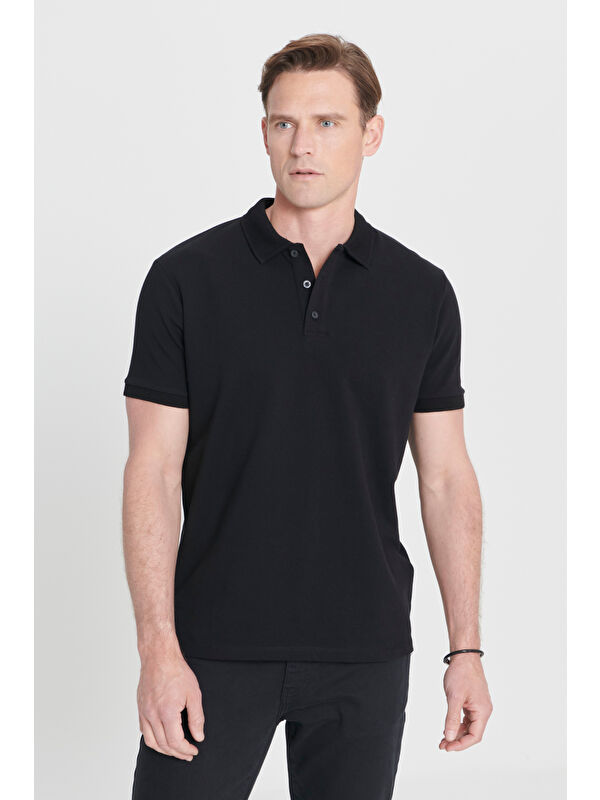 AC&Co / Altınyıldız Classics Erkek Siyah Slim Fit Dar Kesim Polo Yaka %100 Pamuk Kısa Kollu Tişört
