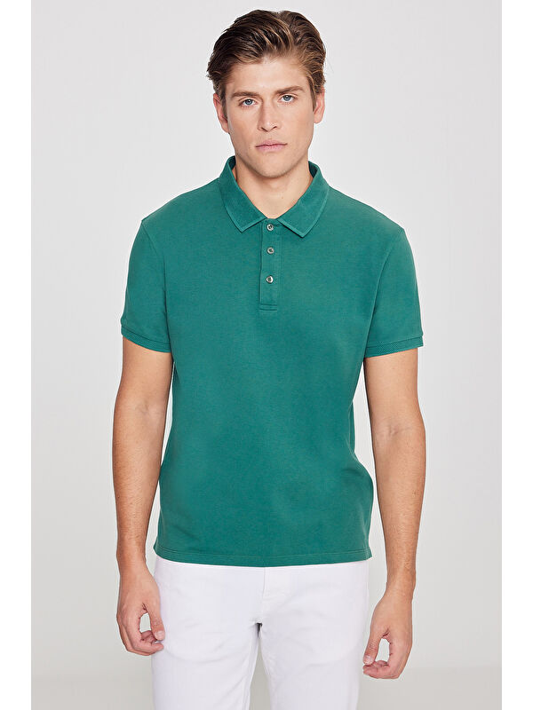 AC&Co / Altınyıldız Classics Erkek Koyu Yeşil Slim Fit Dar Kesim Polo Yaka %100 Pamuk Kısa Kollu Tişört