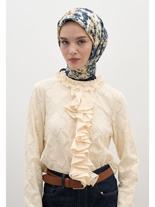 Fresh Scarfs Cherry Blossom Desen Pamuk Viskon Eşarp Lacivert
