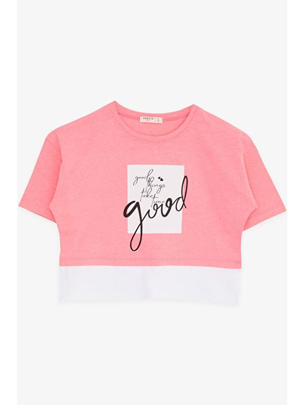 Breeze Kız Çocuk Crop Tişört Yazı Baskılı Yanları Yırtmaçlı Neon Pembe (9-14 Yaş)