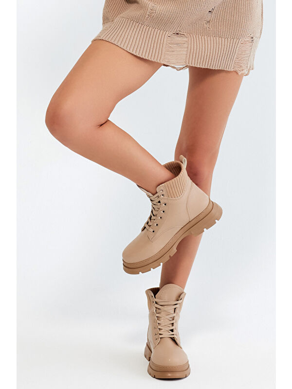 Kadın Nude Cilt Kalın Termo Taban Bileği Lastikli Bağcıklı Bot - Görsel 3