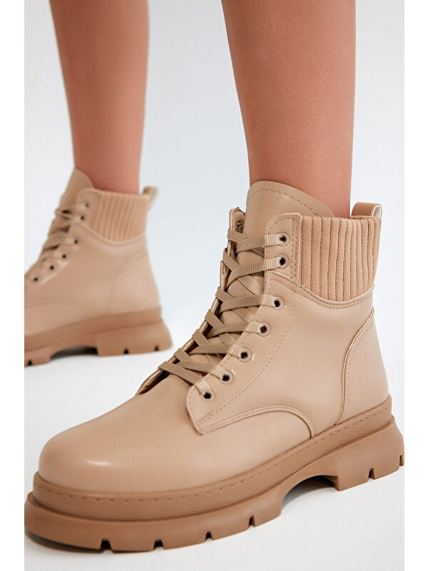 Kadın Nude Cilt Kalın Termo Taban Bileği Lastikli Bağcıklı Bot - Görsel 4