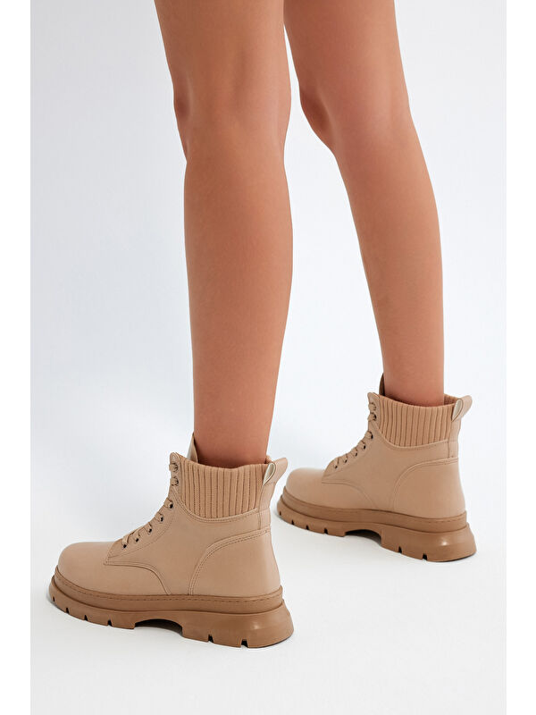 Kadın Nude Cilt Kalın Termo Taban Bileği Lastikli Bağcıklı Bot - Görsel 5
