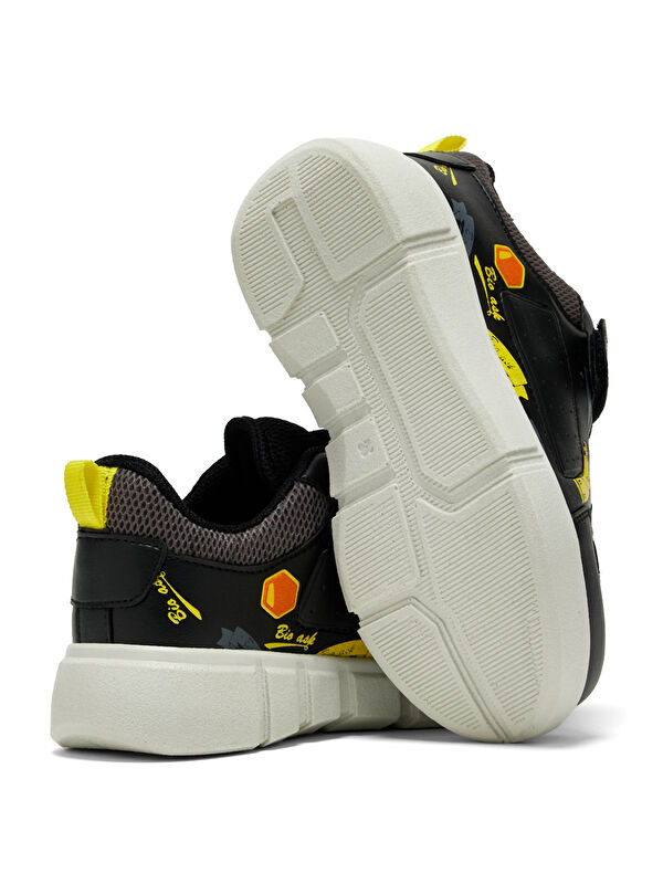 Çocuk Unisex Siyah Sarı Rahat Kalıp Cırtlı Ayakkabı - Görsel 3