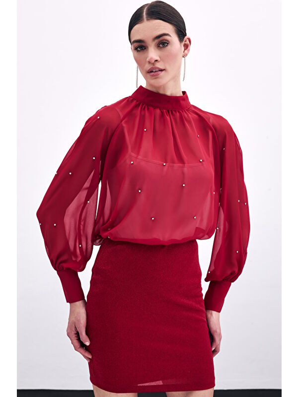 SATEEN Taş Detaylı Transparan Bluz - Kırmızı