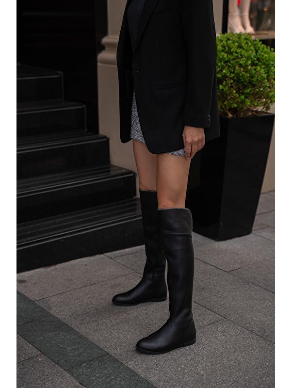 Siyah Kadın Taş Detaylı Uzun Deri Kadın Çizme - Görsel 3