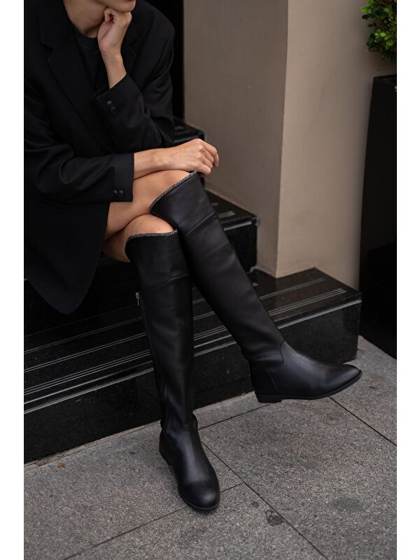 Siyah Kadın Taş Detaylı Uzun Deri Kadın Çizme - Görsel 4