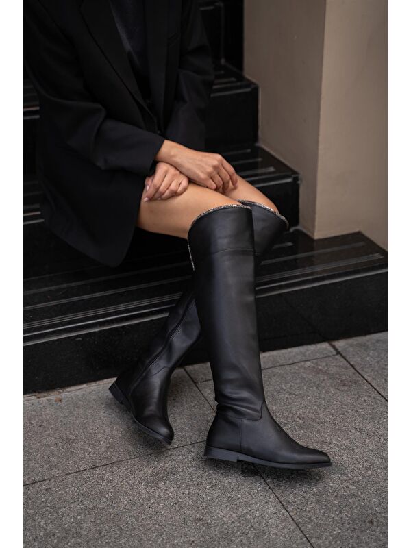 Siyah Kadın Taş Detaylı Uzun Deri Kadın Çizme - Görsel 5