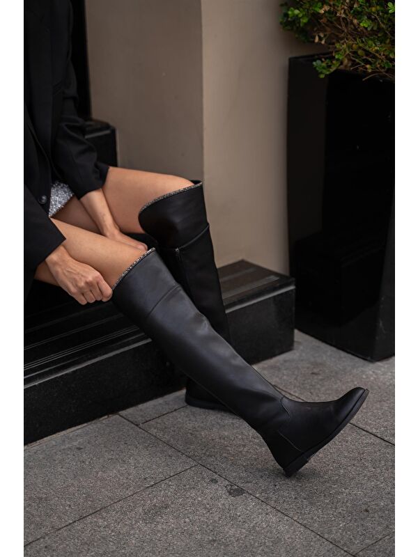 Siyah Kadın Taş Detaylı Uzun Deri Kadın Çizme - Görsel 6