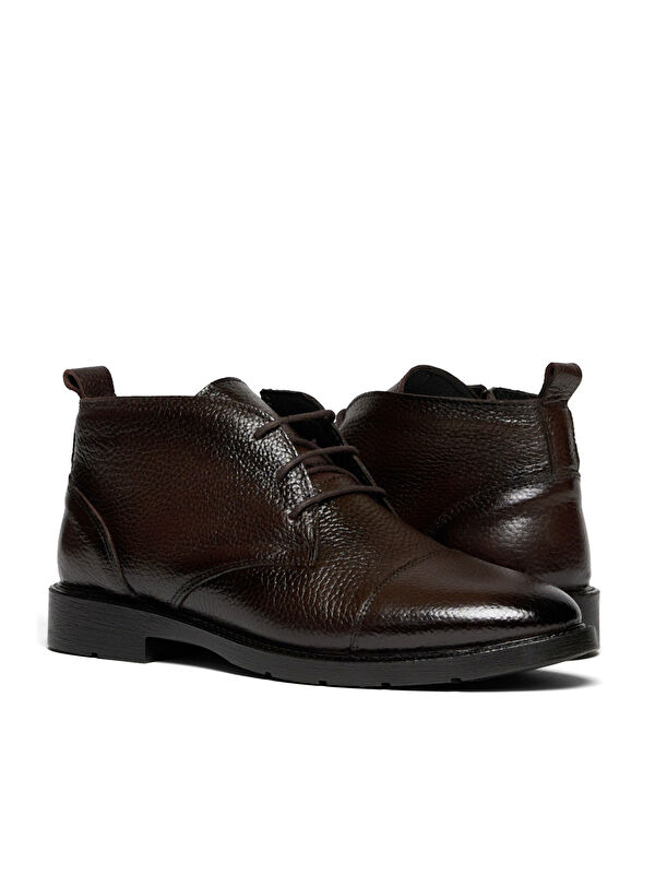 Erkek Kahve Rahat Kalıp Hakiki Deri Bağcıklı ve Fermuarlı Bot - Görsel 4