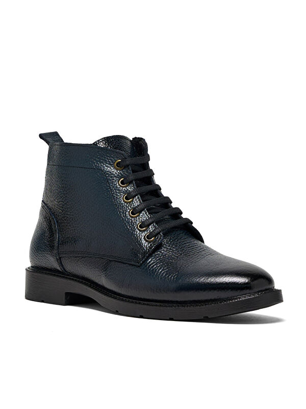 Erkek Lacivert Rahat Kalıp Hakiki Deri Bağcıklı ve Fermuarlı Bot - Görsel 3