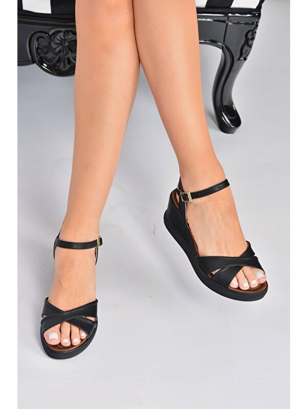 K674305009 Siyah Dolgu Taban Kadın Topuklu Sandalet - Görsel 4