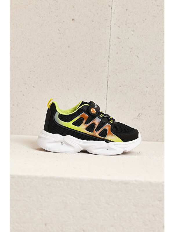 Çocuk Unisex Siyah Sarı Rahat Kalıp Işıklı Cırtlı Ayakkabı - Görsel 3