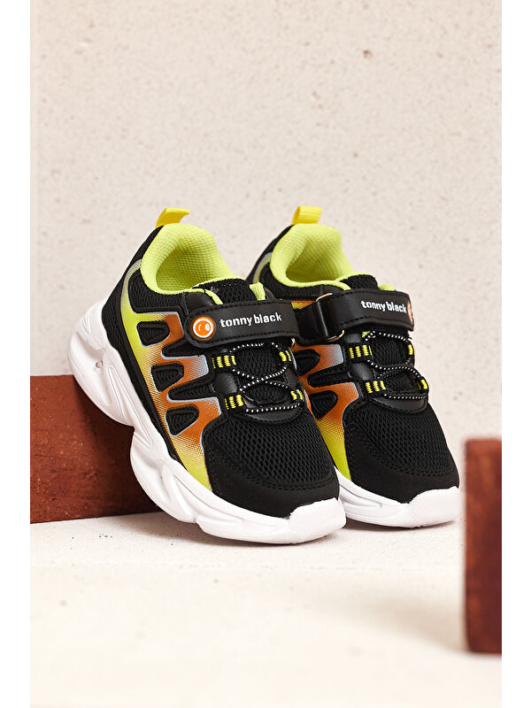 Çocuk Unisex Siyah Sarı Rahat Kalıp Işıklı Cırtlı Ayakkabı - Görsel 4