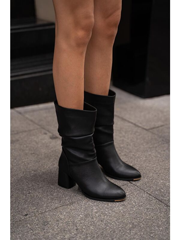 Siyah Kadın Büzgü Detaylı Topuklu Kadın çizme - Görsel 6