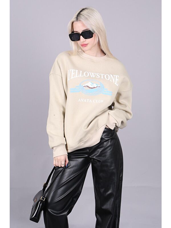 Madmext Bej Bisiklet Yaka Baskılı Sweatshirt Mg1571
