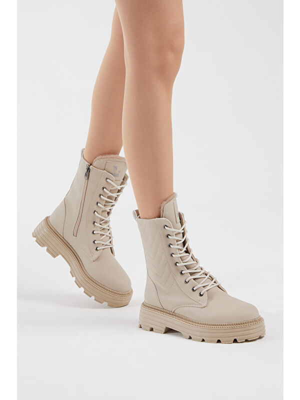 Kadın Krem Cilt Kalın Taban Nakışlı Bağcıklı ve Fermuarlı Bot - Görsel 3