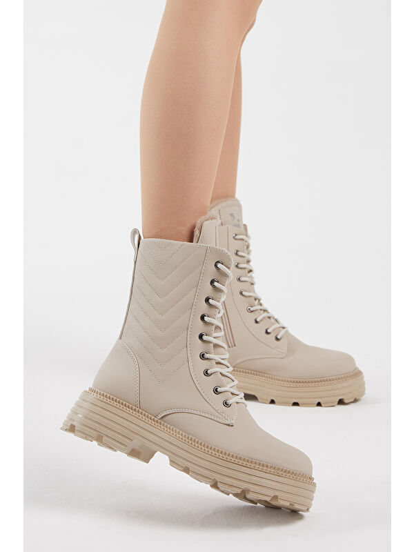 Kadın Krem Cilt Kalın Taban Nakışlı Bağcıklı ve Fermuarlı Bot - Görsel 4