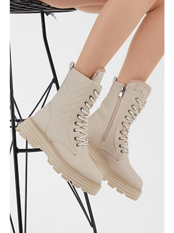 Kadın Krem Cilt Kalın Taban Nakışlı Bağcıklı ve Fermuarlı Bot - Görsel 6